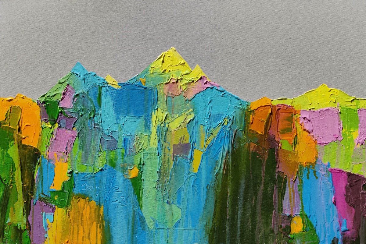 Abstract Landscape Acrylic Painting By Abhishek Kumar, 36 X 26, Spring Peaks, Original Artwork