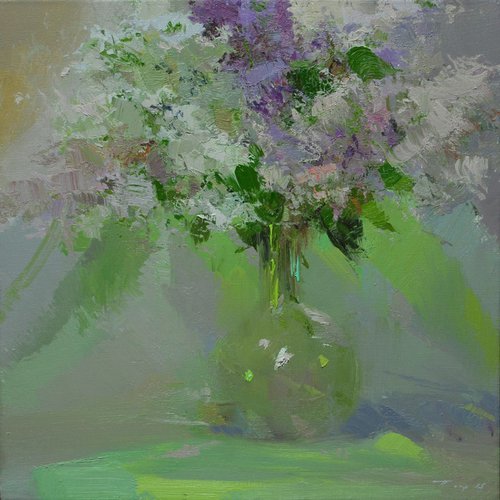 Original oil painting - Lilacs flowers green canvas painting - Transparent Bloom by Yuri Pysar