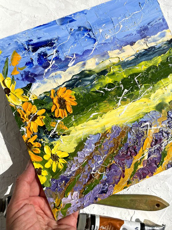 Sunflower Painting Lavender Original Art Ukraine Impasto Oil Landscape Artwork Floral Wall Art 10 by 10 in