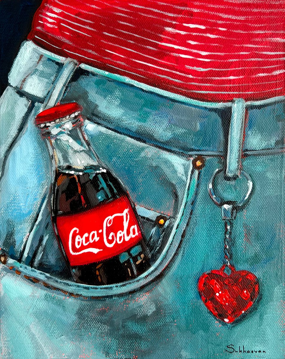 Impressionistic Still Life Acrylic Painting By Victoria Sukhasyan, 8 X 10", Coca-Cola And Blue Jeans, Original Artwork