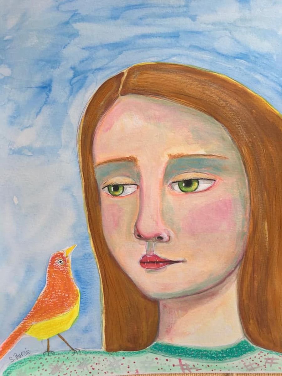 The lady with the bird - watercolour whimsy whimsical - girl woman by Sharyn Bursic