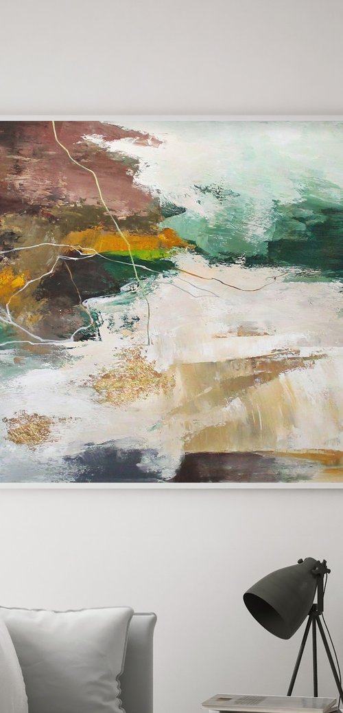 "Green Pulse 2" Abstract green brown gold art by Yana Sagan