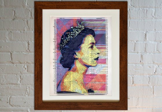 Queen Elizabeth II - Collage Art on Large Real English Dictionary Vintage Book Page