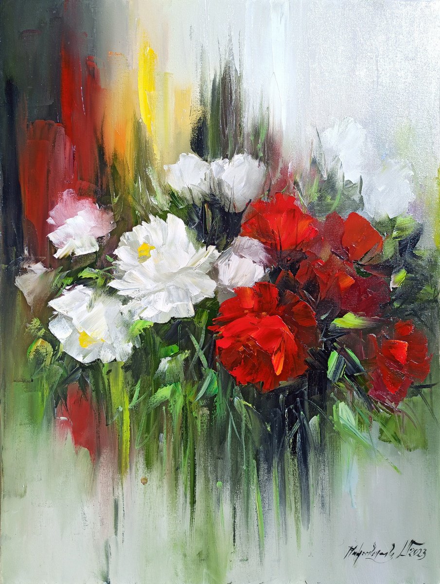 Abstract flowers (80x60cm, oil painting, ready to hang) by Mari Voskanyan