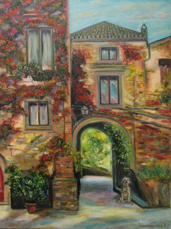 In the courtyard Italian Architecture Red House with Arch Sunny Street Dog Pet Florence Doorway View