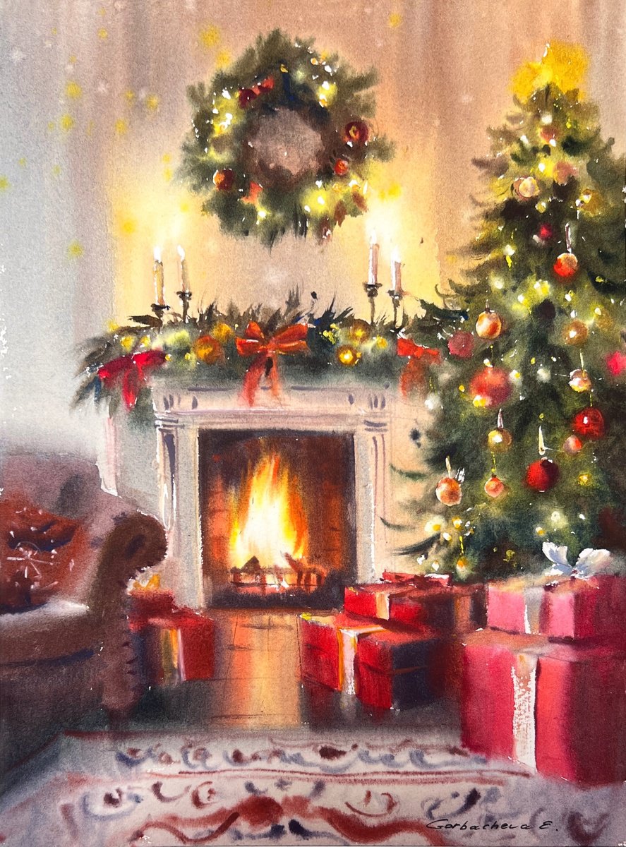 Impressionistic Watercolour , Fireside Christmas By Eugenia Gorbacheva, 9 X 12, Artwork For Sale On Artfinder