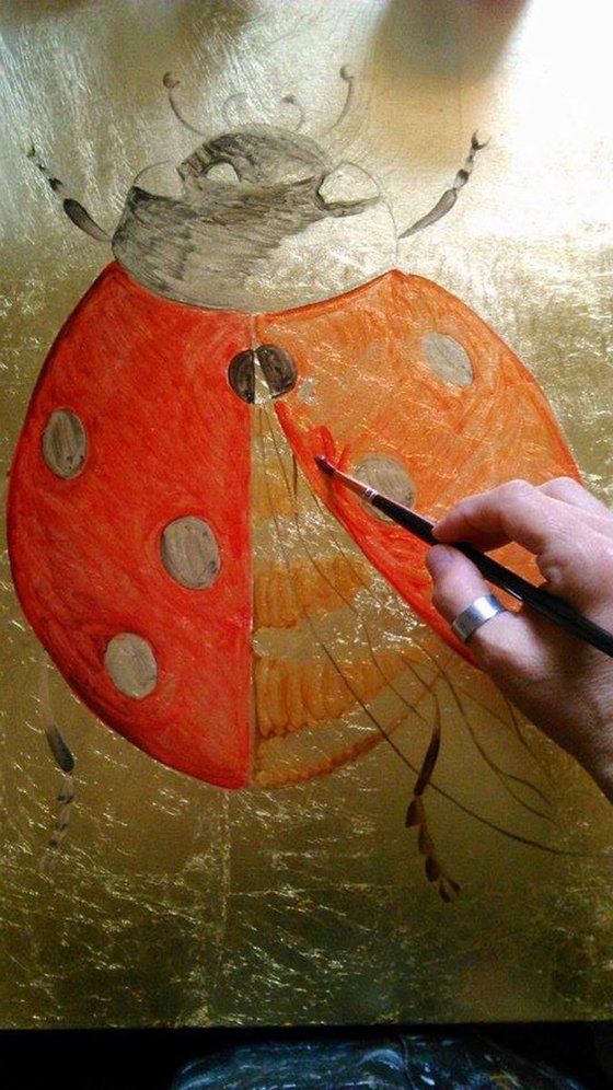 The Golden Ladybug Oil Painting on Lacquered Golden Leaf Canvas