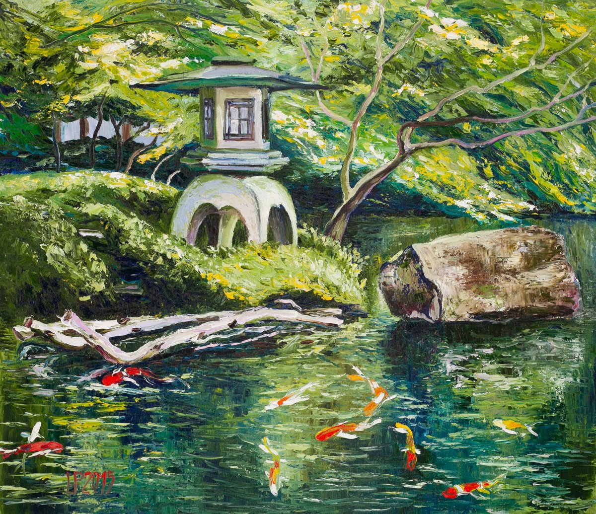 Impressionistic Landscape Oil Painting By Liudmila Pisliakova, 24 X 20", Japanese Garden. Koi Framed, Original Artwork