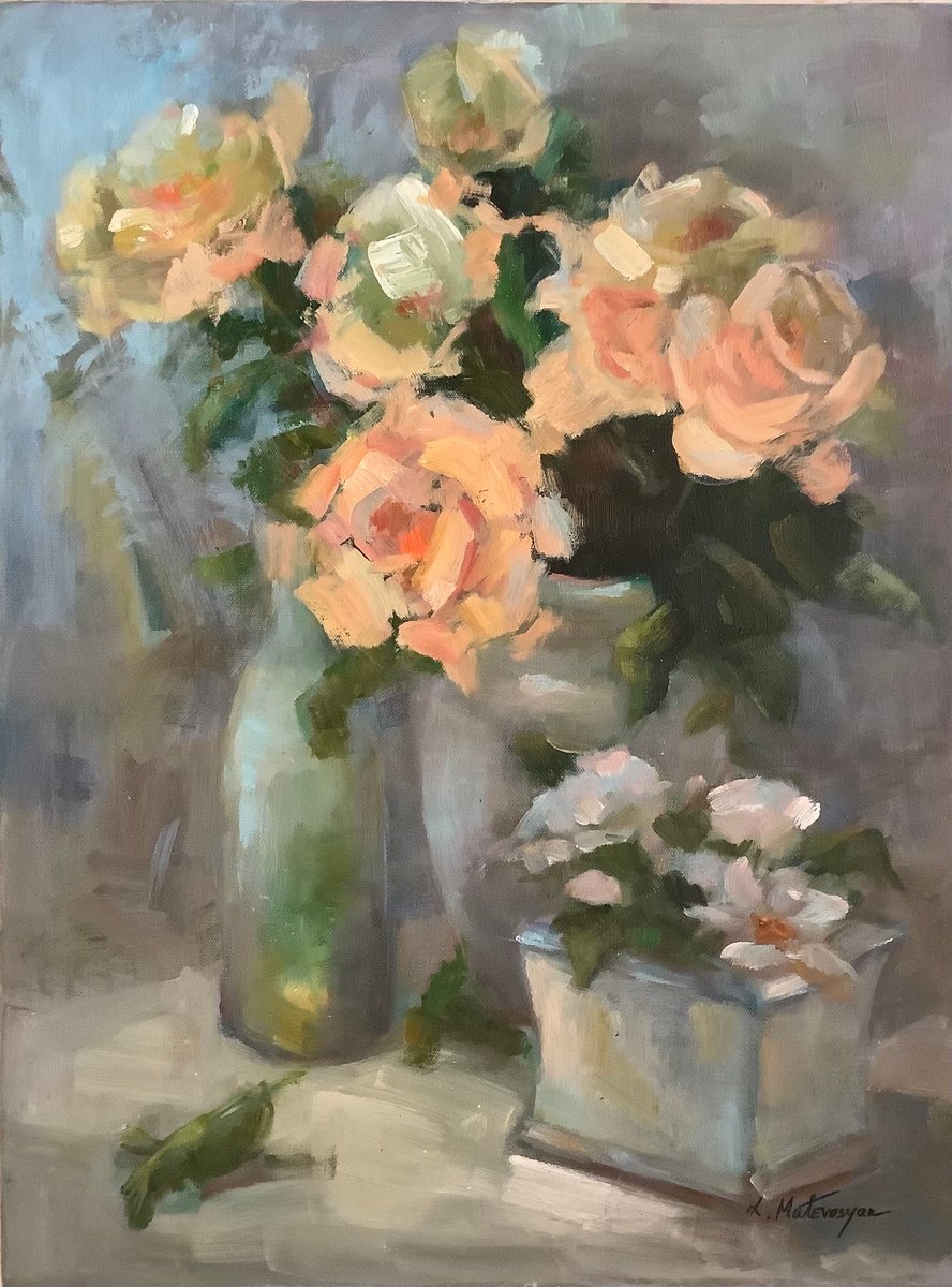 Impressionistic Still Life Oil Painting By Lia Matevosyan Haselton, 18 X 24", Roses, Original Artwork