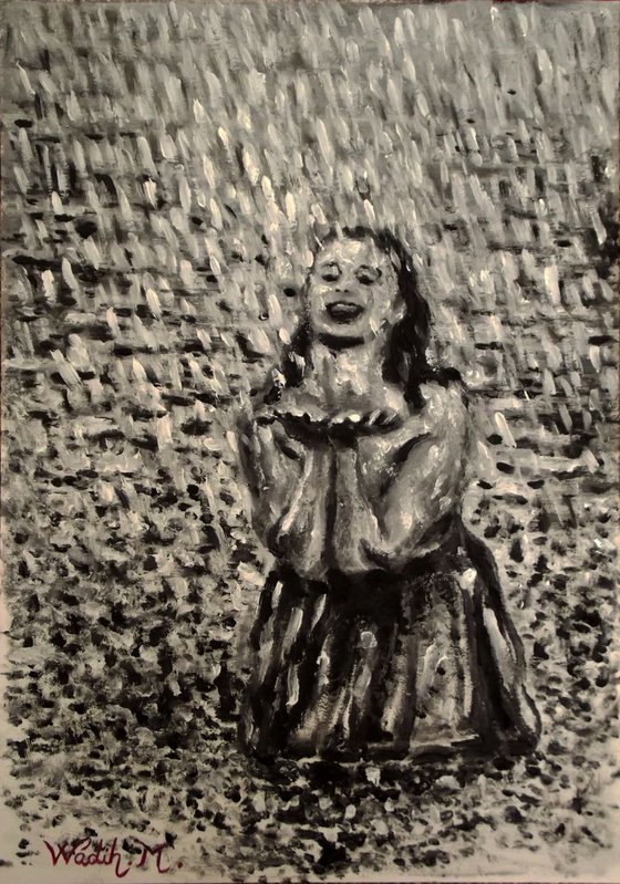 RAINY LAKE GIRL - Moment of Happiness - Thick oil Black and White painting - 29.5x42 cm