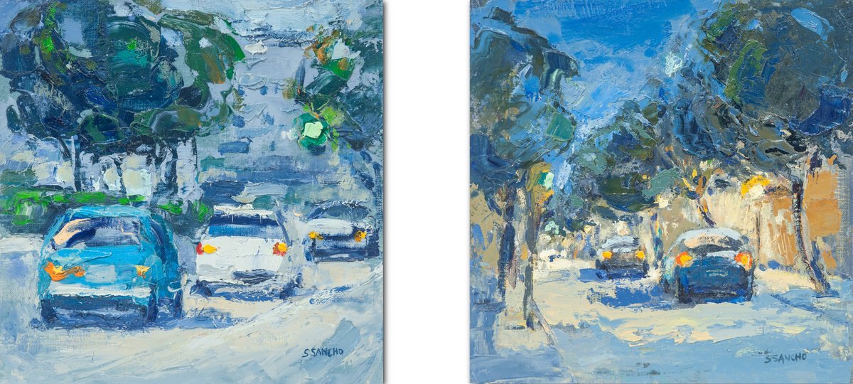 Expressive Cityscapes Oil Painting By Susana Sancho Beltran, 22 X 10", Diptych (Urban Landscape), Original Artwork