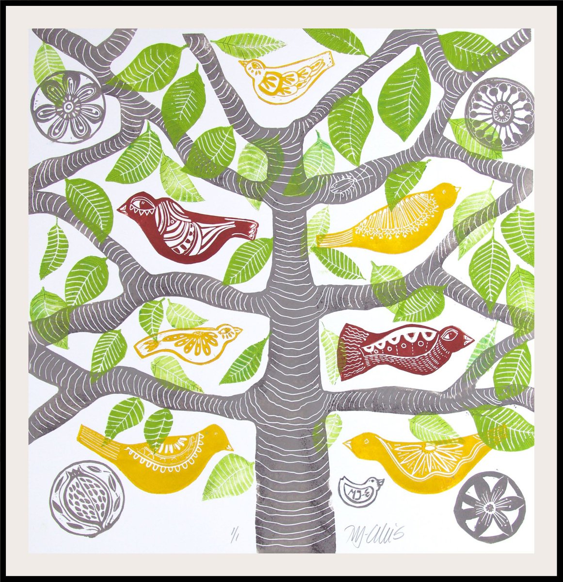 Birds in a tree, linocut mono print by Mariann Johansen-Ellis