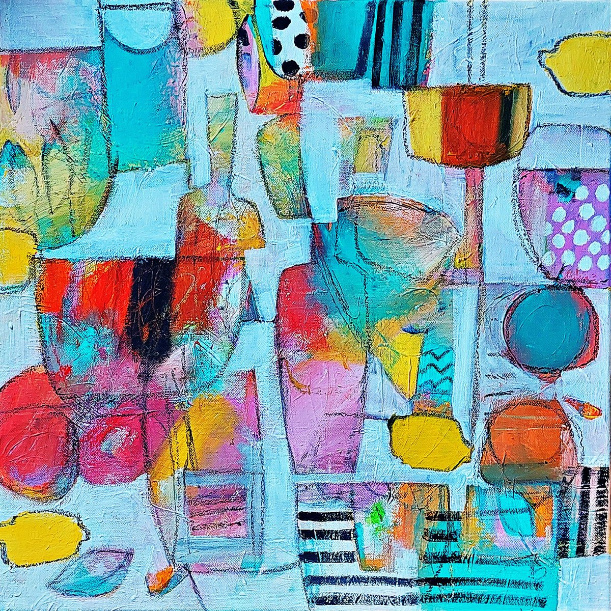 Abstract Still Life Acrylic Painting By Jan Rippingham, 20 X 20, Still Life And Lemons Iii, Original Artwork