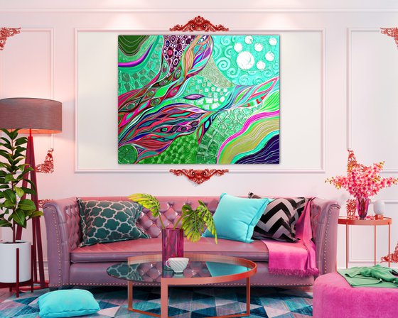 Large mint green red abstract painting 100x80 cm, Tiffany color violet hot pink silver artwork