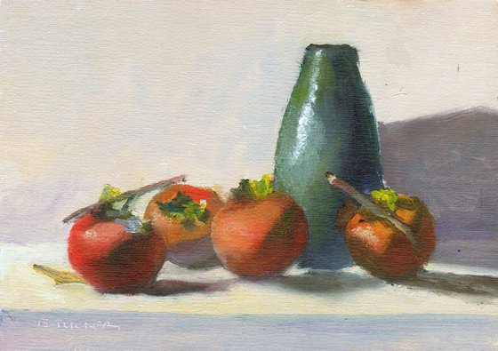 Persimmons and Blue Pottery Vase