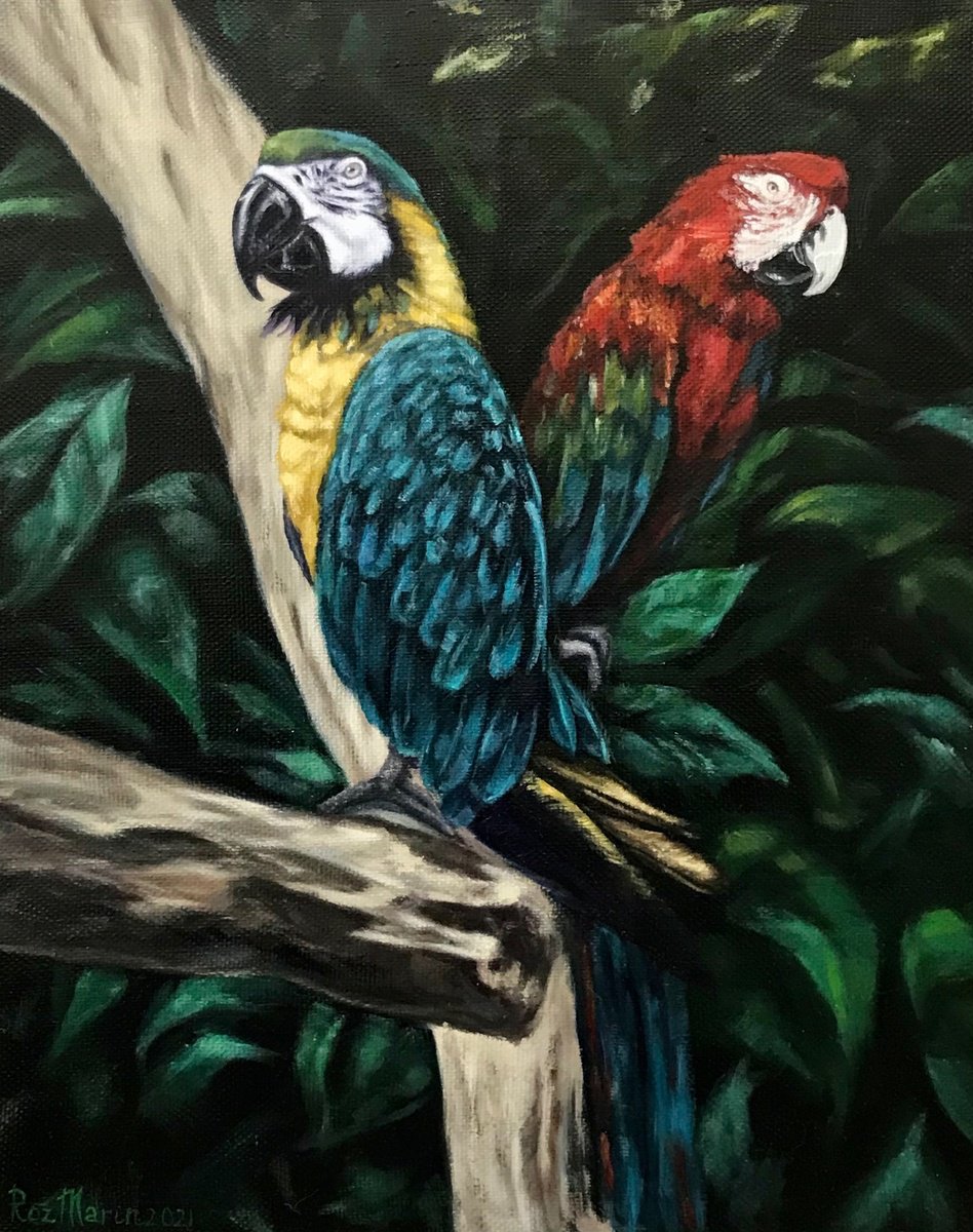 Photorealistic Animal Oil Painting By Marina Deryagina, 16 X 20", Parrots In The Jungle, Original Artwork
