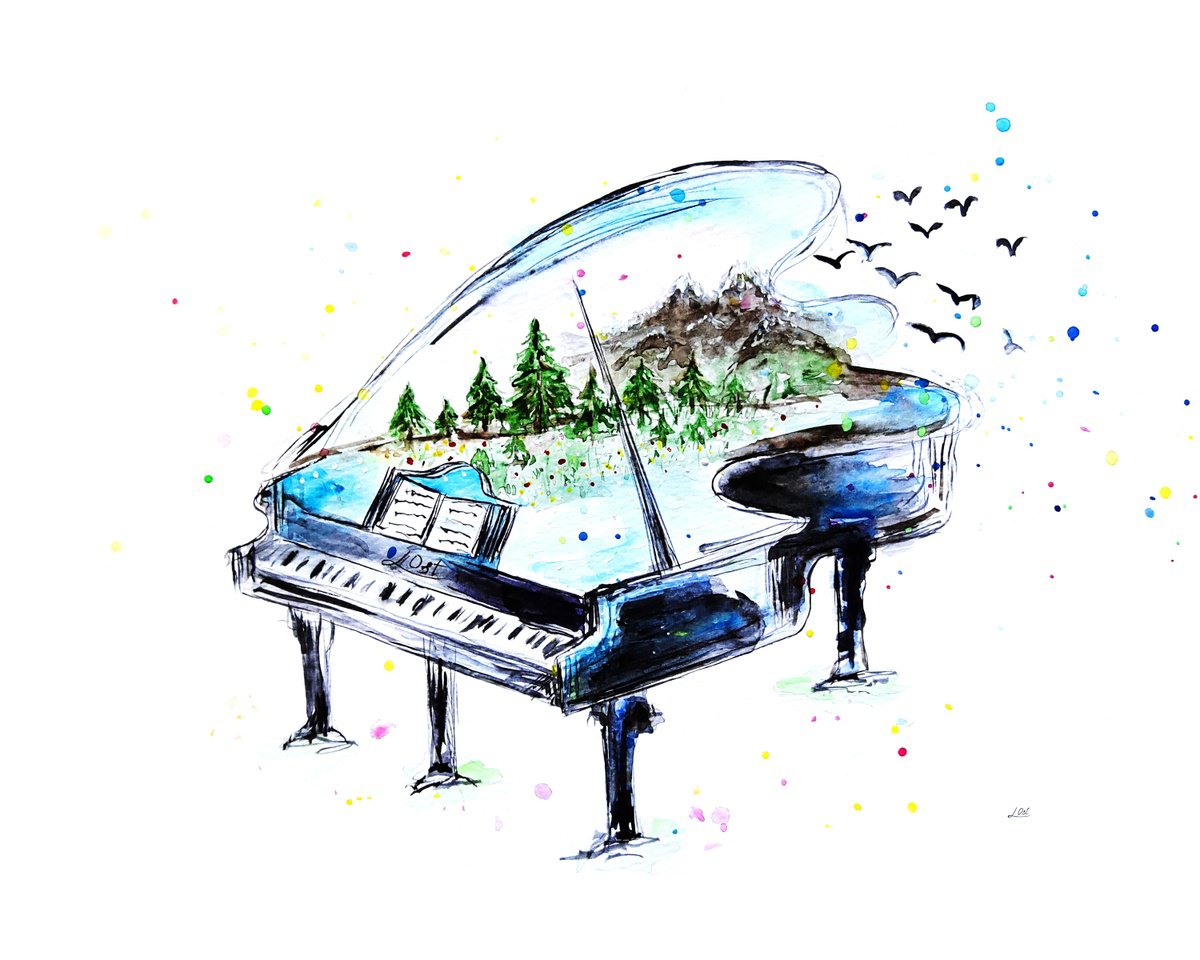Surrealistic Watercolour , Piano With Mountains By Luba Ostroushko, 12 X 16, Artwork For Sale On Artfinder