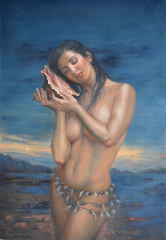 Original Oil paintingl art female nude girl women  and shell by seaside on linen  #16-4-4-08