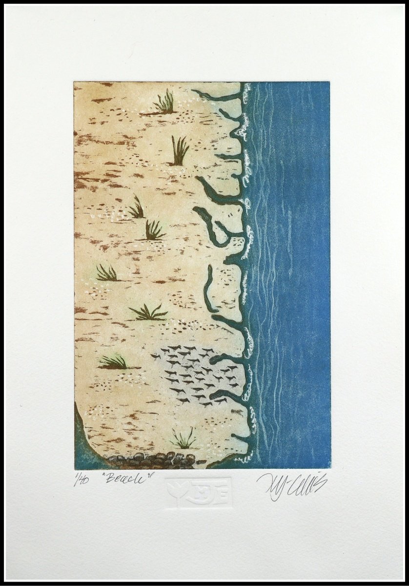 Landscape Etchings & Engravings By Mariann Johansen-Ellis, 9 X 12", Beach, Original Artwork