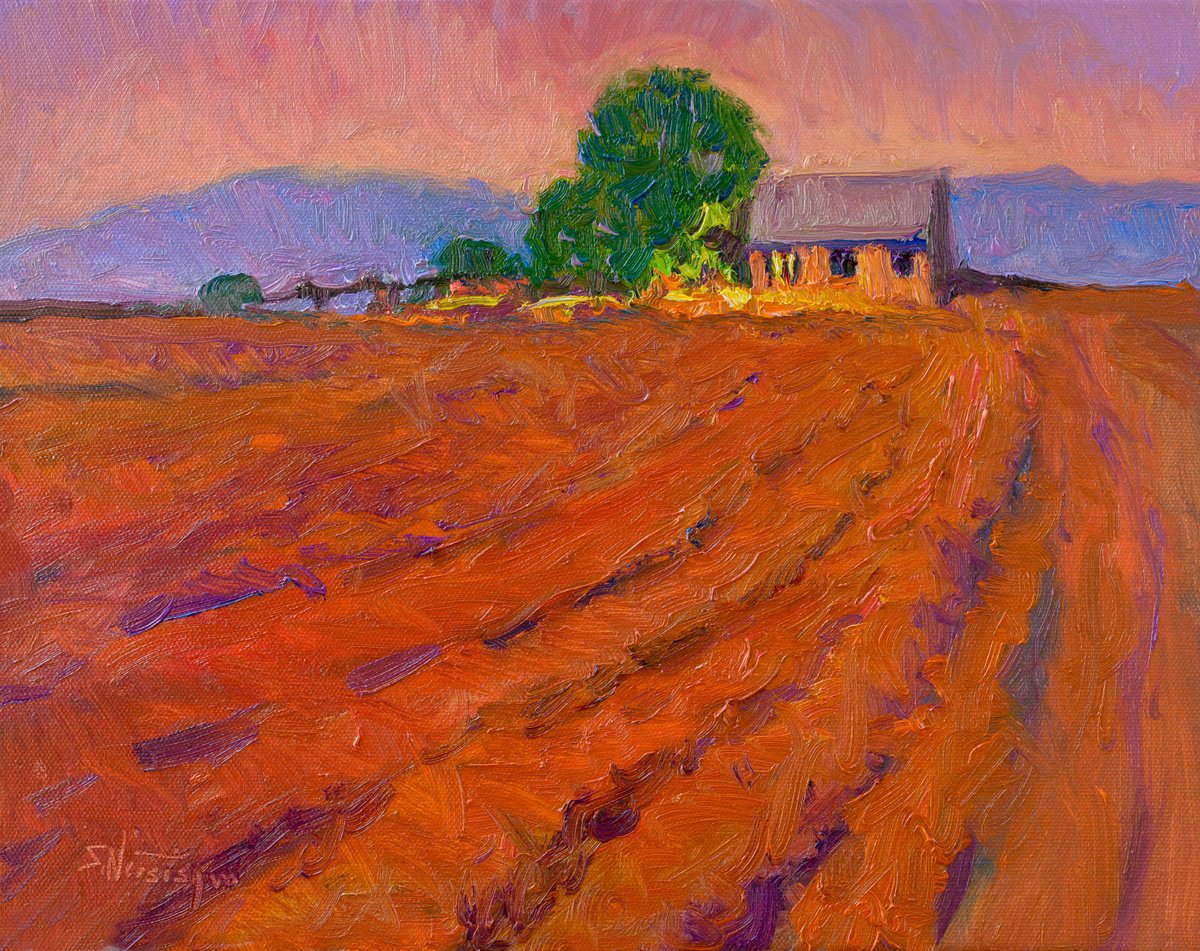 Expressive Landscape Oil Painting By Suren Nersisyan, 14 X 11", Farmland, Dusk., Original Artwork