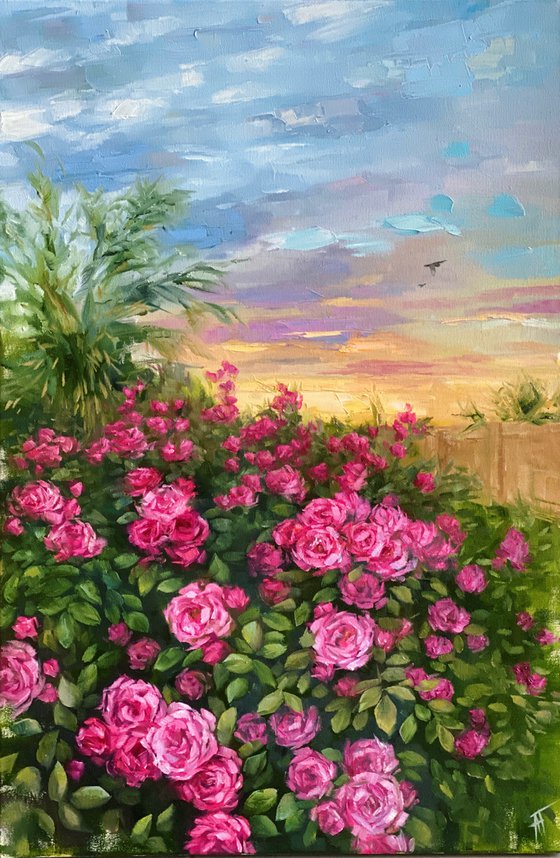 Pink roses and sunset in mother’s garden. Oil painting with flowers and landscape