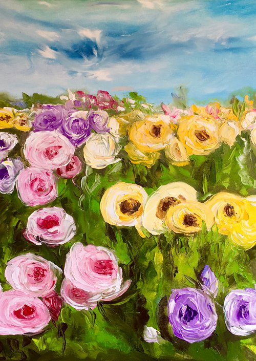 Large size WHITE PINK YELLOW PURPLE  ROSES in a Greenwich rose garden palette  knife modern still life  flowers office home decor gift by Olga Koval