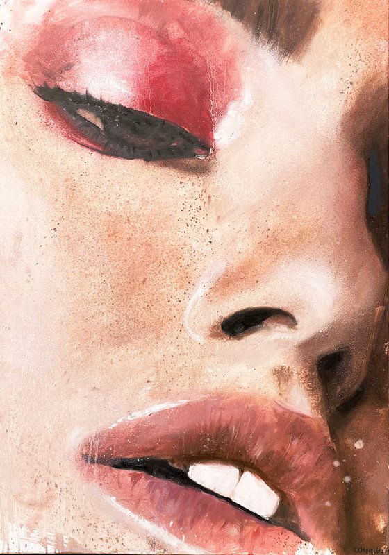 Romance | red make up beauty close up female woman portrait face female portrait contemporary large painting face beautiful model