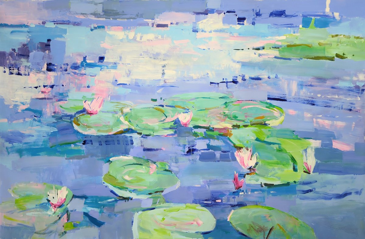 Impressionistic Landscape Oil Painting By Yehor Dulin, 79 X 51", " Water Lilies", Original Artwork