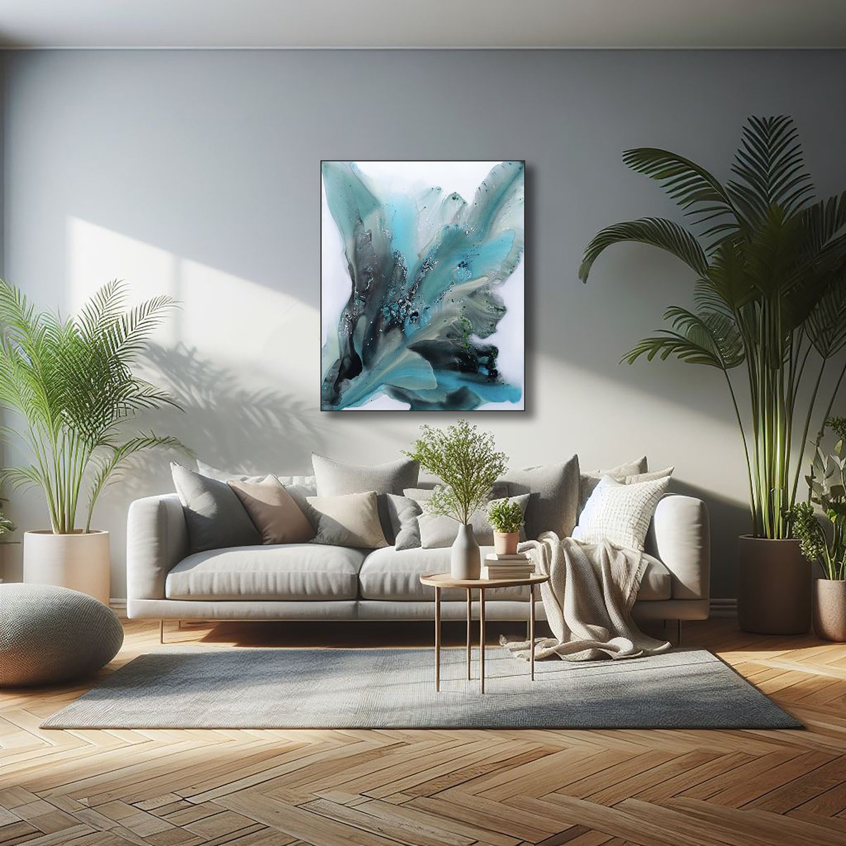 Abstract Botanical Acrylic Painting By Muriel Napoli, 39 X 47", Nature 404, Original Artwork