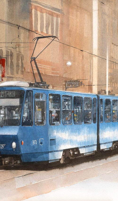 Blue Tram on the Avenue - 40x30cm Watercolor by Masato Watanabe