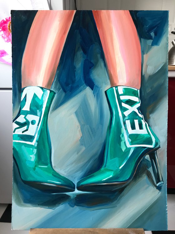 EXIT - oil painting on canvas original gift feminism green boots woman legs nude erotics original gift home decor pop art office interior