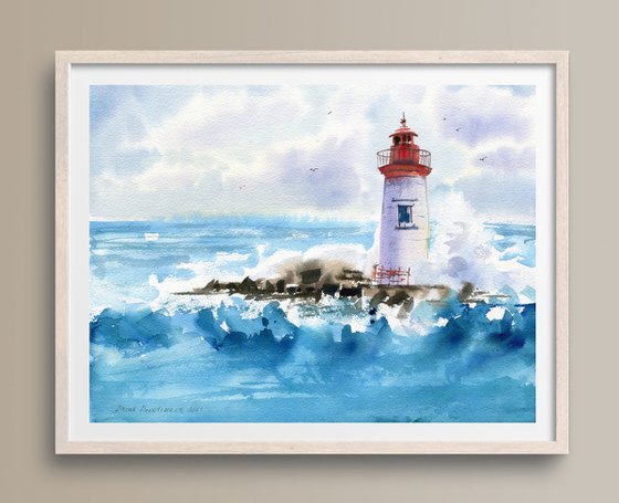 Lighthouse in the storm original watercolor painting with sea , waves, decor for living room, gift for mom