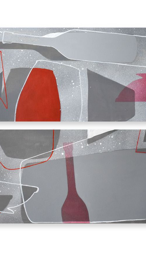 DIPTYCH Abstract stil life Dancing Gray Bottles 1 and 2 by Hilde Hoekstra