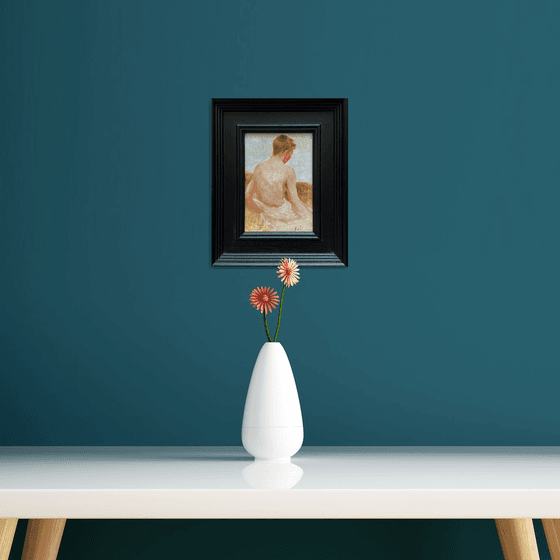 Impressionist style Male nude figure oil painting, with wooden frame.