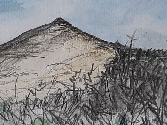 Blue skies over Croghan Mountain Ireland -  pencil and watercolour study