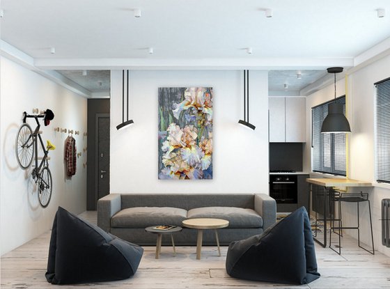 Irises on a gray background.