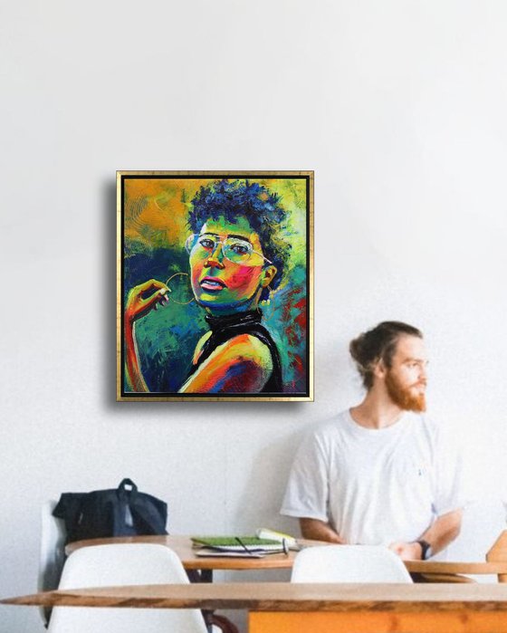 VIBRANT PORTRAIT OF A YOUNG FASHION ICON: AN IMPRESSIONIST OIL PAINTING