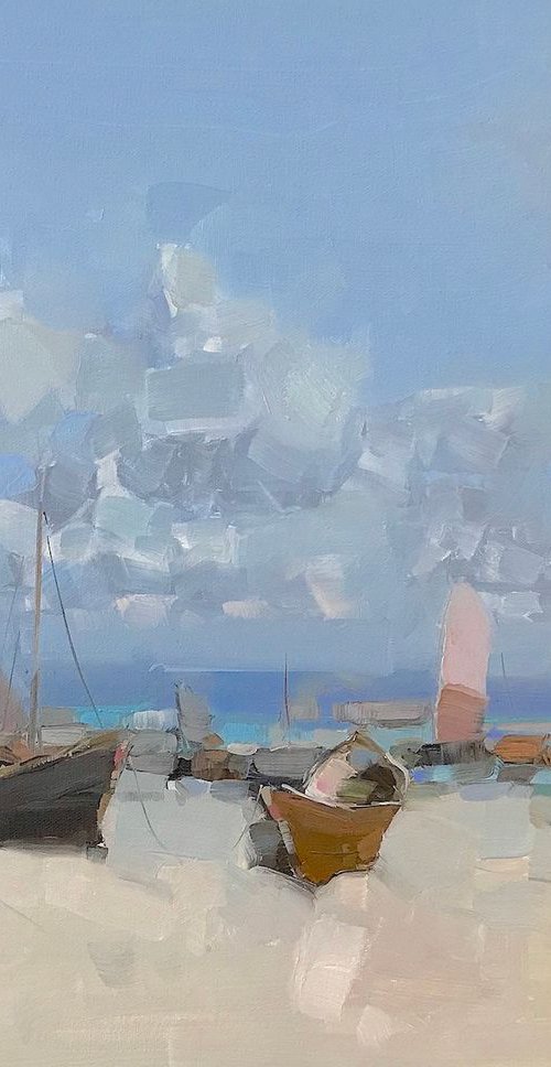Boats on the Shore, Original oil painting, Handmade artwork, One of a kind by Vahe Yeremyan