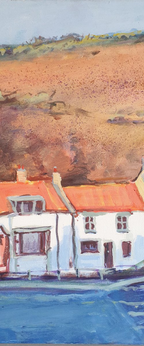 Staithes, houses below cliff by Jean  Luce