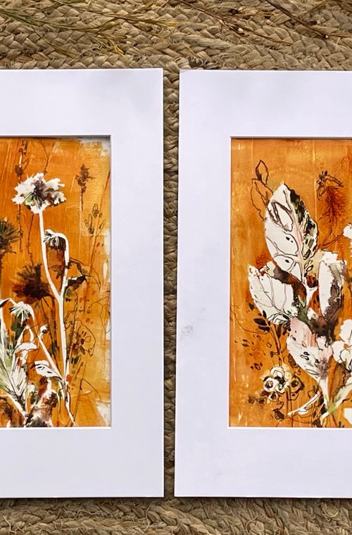 Abstract Botanical Mixed Media Diptych, Herbs and Flowers on Burnt Orange 2 Paintings Set by Sophie Rodionov