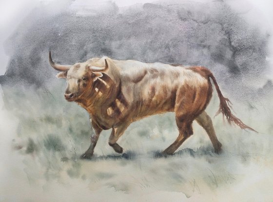 Bull watercolor painting - 2021 year of the Bull - red bull - Spanish red bull