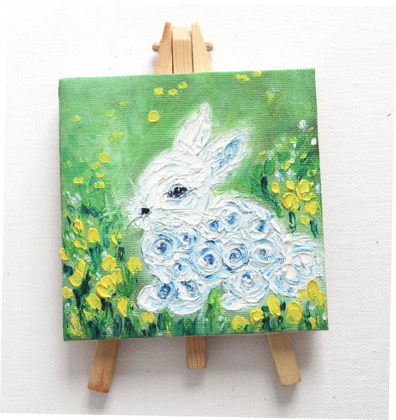 Life is beautiful - Oil painting on a mini canvas - textured artwork - table decor gift - palette knife painting - Easter - special bunny - cute rabbit - animal art - nursery decor - kids room decor