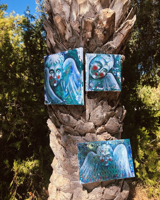 «Cherubs» blue modern triptych with angels