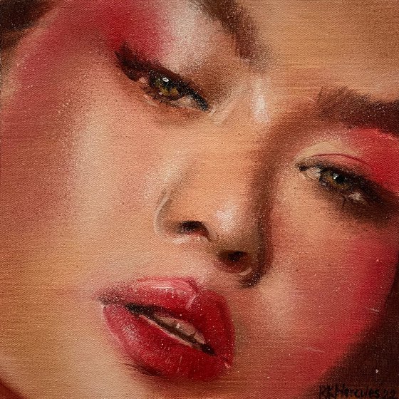 Ni - beauty oil painting of pretty asian women female on canvas with red lips makeup contemporary portrait lady