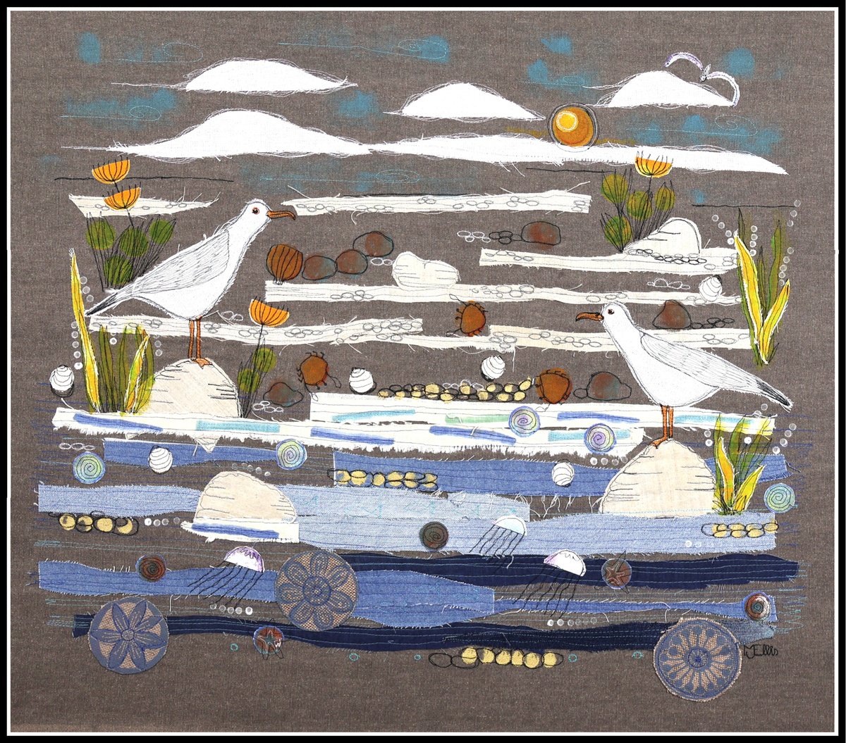 Landscape Collage By Mariann Johansen-Ellis, 30 X 27", Wild Beach, Original Artwork