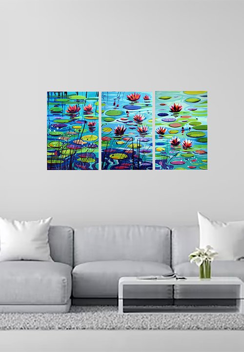 Water Lily Pond - Triptych by Julia  Rigby