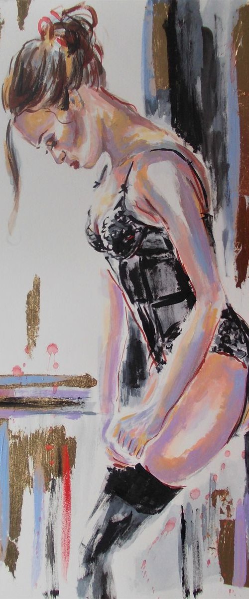Monika III - Nude Watercolor-Mixed Media Painting on Paper by Antigoni Tziora