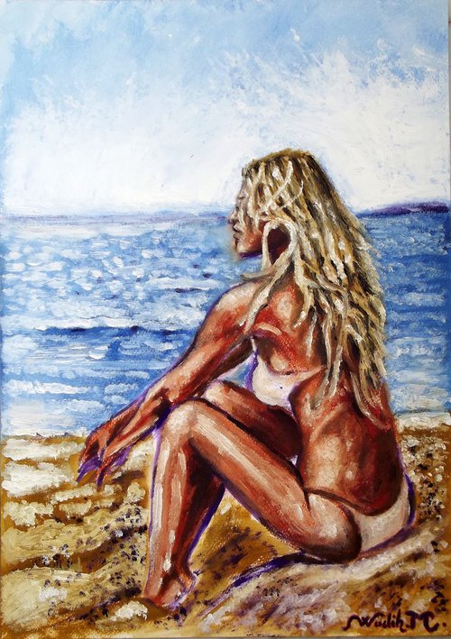 SEASIDE GIRL - Meditation time - Thick oil painting - 29.5x42cm by Wadih Maalouf