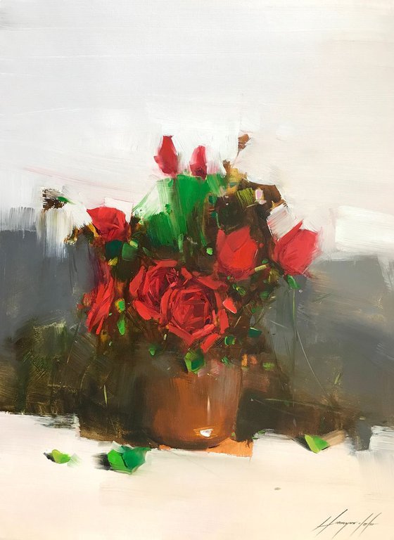 Vase of Roses, Oil painting, One of a kind, Signed, Handmade artwork