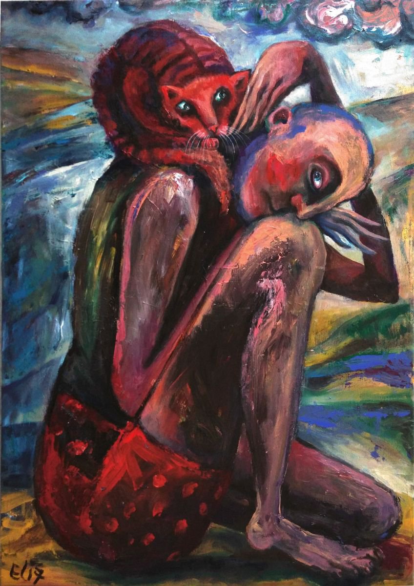 Expressive Portrait Acrylic Painting By Elisheva Nesis, 20 X 28, Feeling Of A Cat, Original Artwork